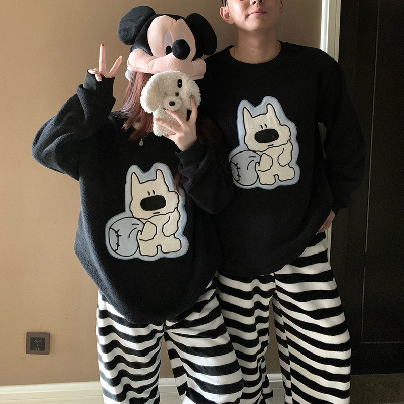 秋冬季米粒绒情侣睡衣女加绒加厚保暖可外穿法兰绒家居服套装