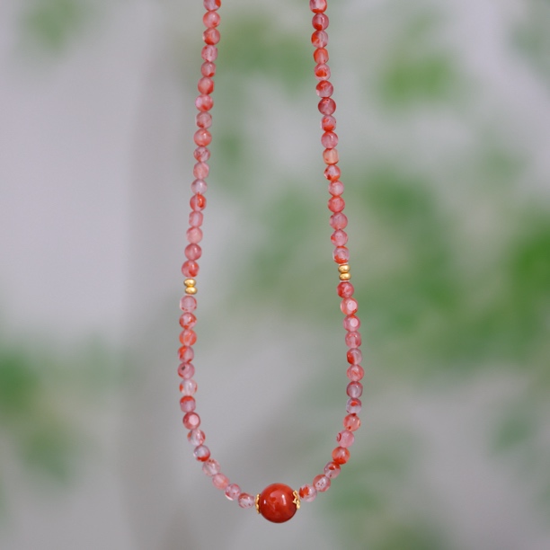 天然南红玛瑙原创项链锁骨链时尚S925纯银镀金时尚百搭