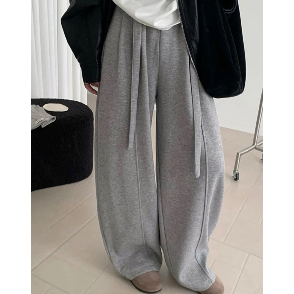 《大橙子》高品质加绒加厚宽松阔腿裤女羊绒尼高腰配腰带休闲裤长裤