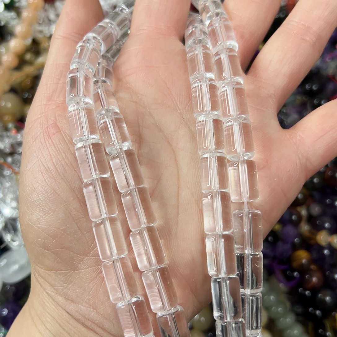 玛瑙/玉髓未镶嵌珠宝半成品，压电白水晶桶珠2条