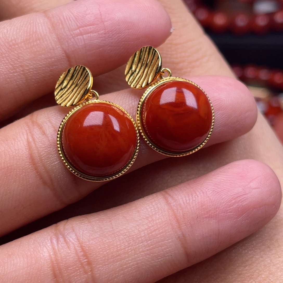 南红玛瑙珠宝奇石银S925镶嵌耳环