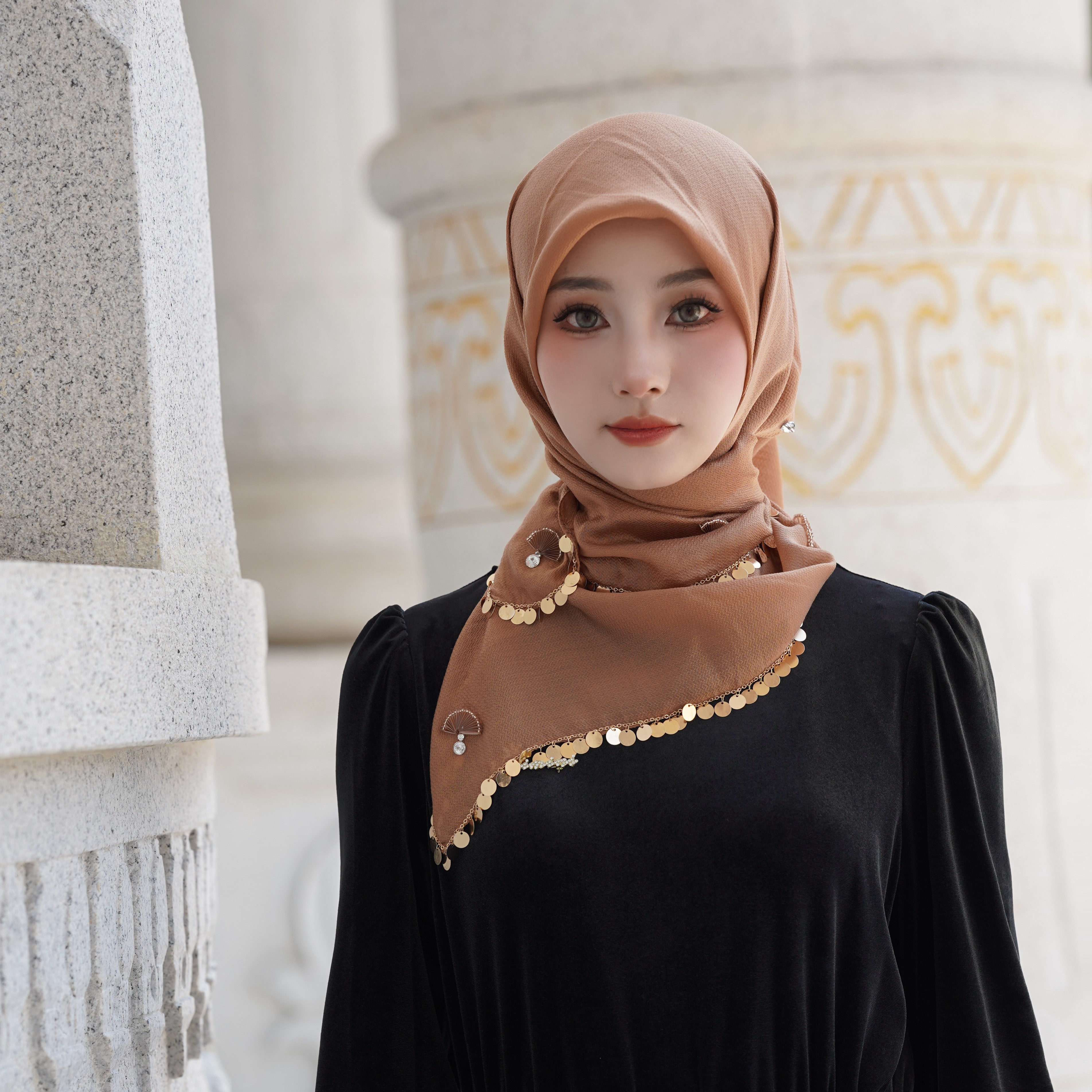 雅思米尼蚕丝羊毛手工钉珠方巾314