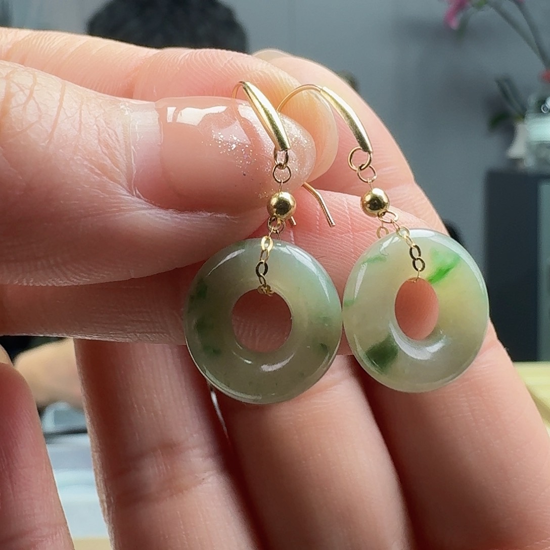 翡翠耳饰18K金镶嵌天然