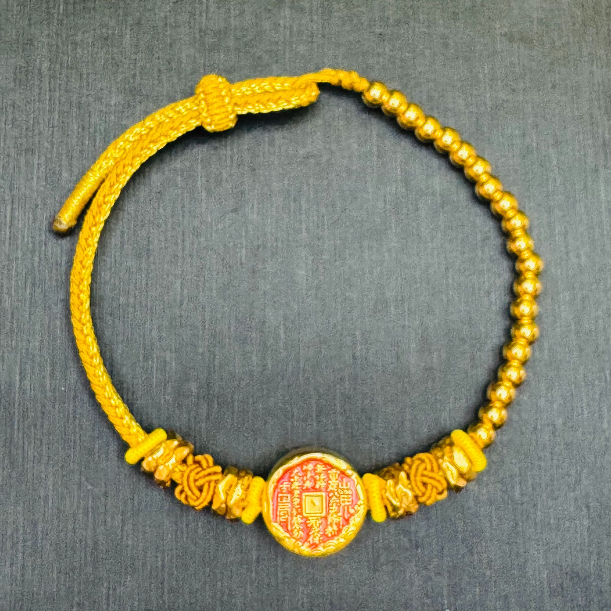 116#足金999黄金山鬼花钱金珠编织手串