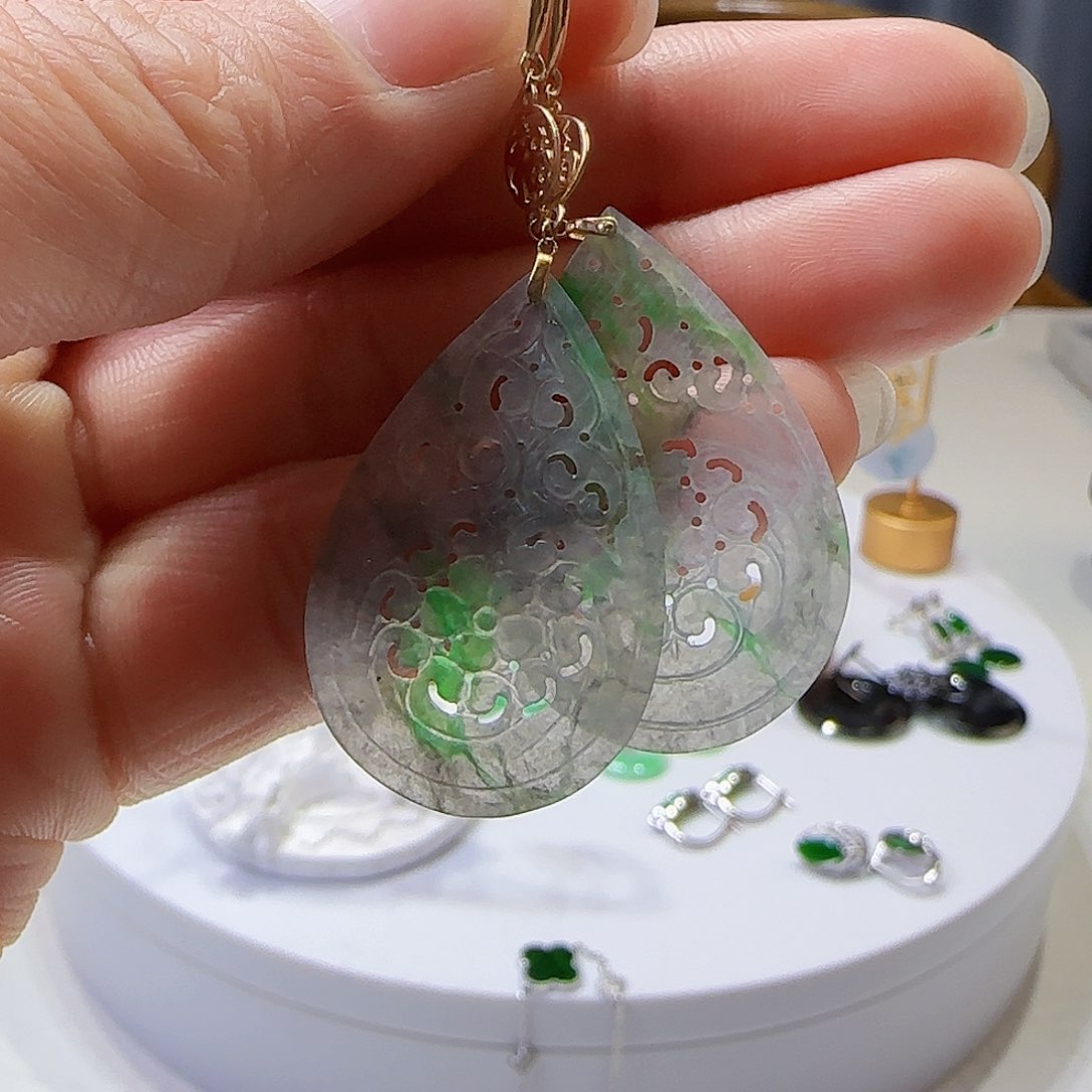 翡翠耳饰18K金镶嵌天然缅甸a货翡翠