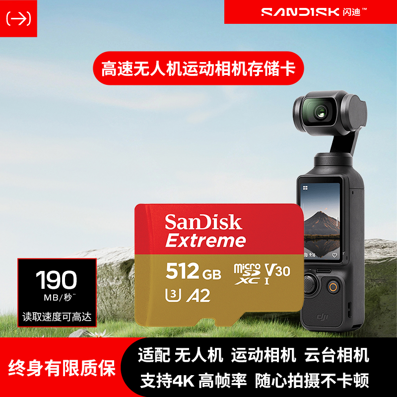 闪迪大疆运动相机action4无人机pocket3高速4K内存卡游戏TF卡 