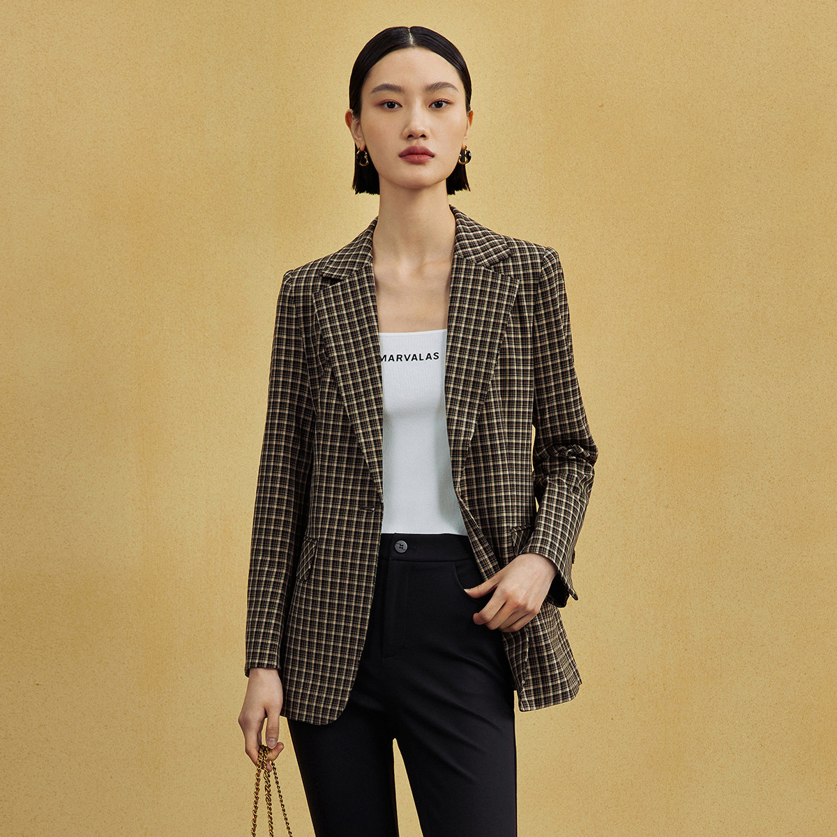 【粉丝专属】复古格纹西服女秋季立裁收腰通勤西装外套M423301945