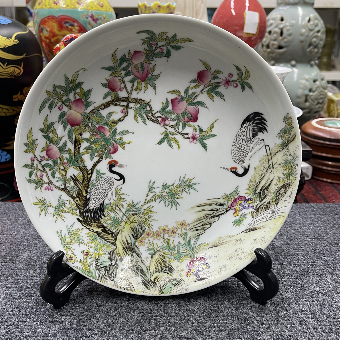 粉彩手绘仙鹤纹赏盘摆件