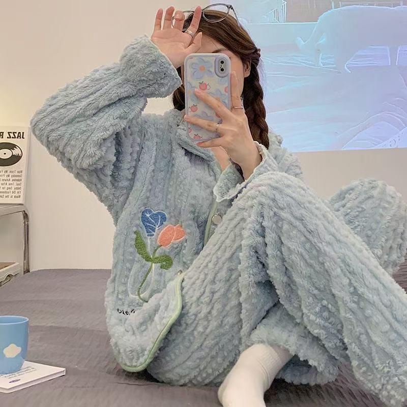 冬季睡衣珊瑚绒加绒加厚开衫蓝色领子花朵家居服