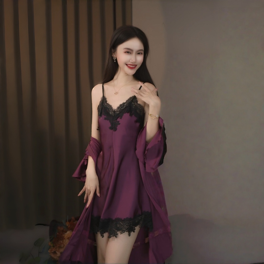 睡袍四季通用性感纯欲风睡裙吊带针织花边长裙女夏季