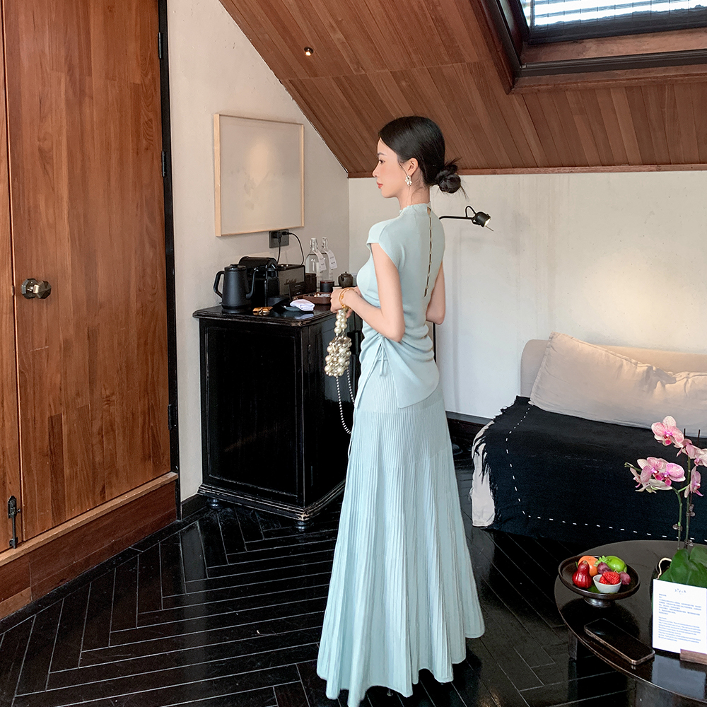 缤菓binguo 湖蓝色抽褶短袖上衣高腰半身裙套装女2025夏新款
