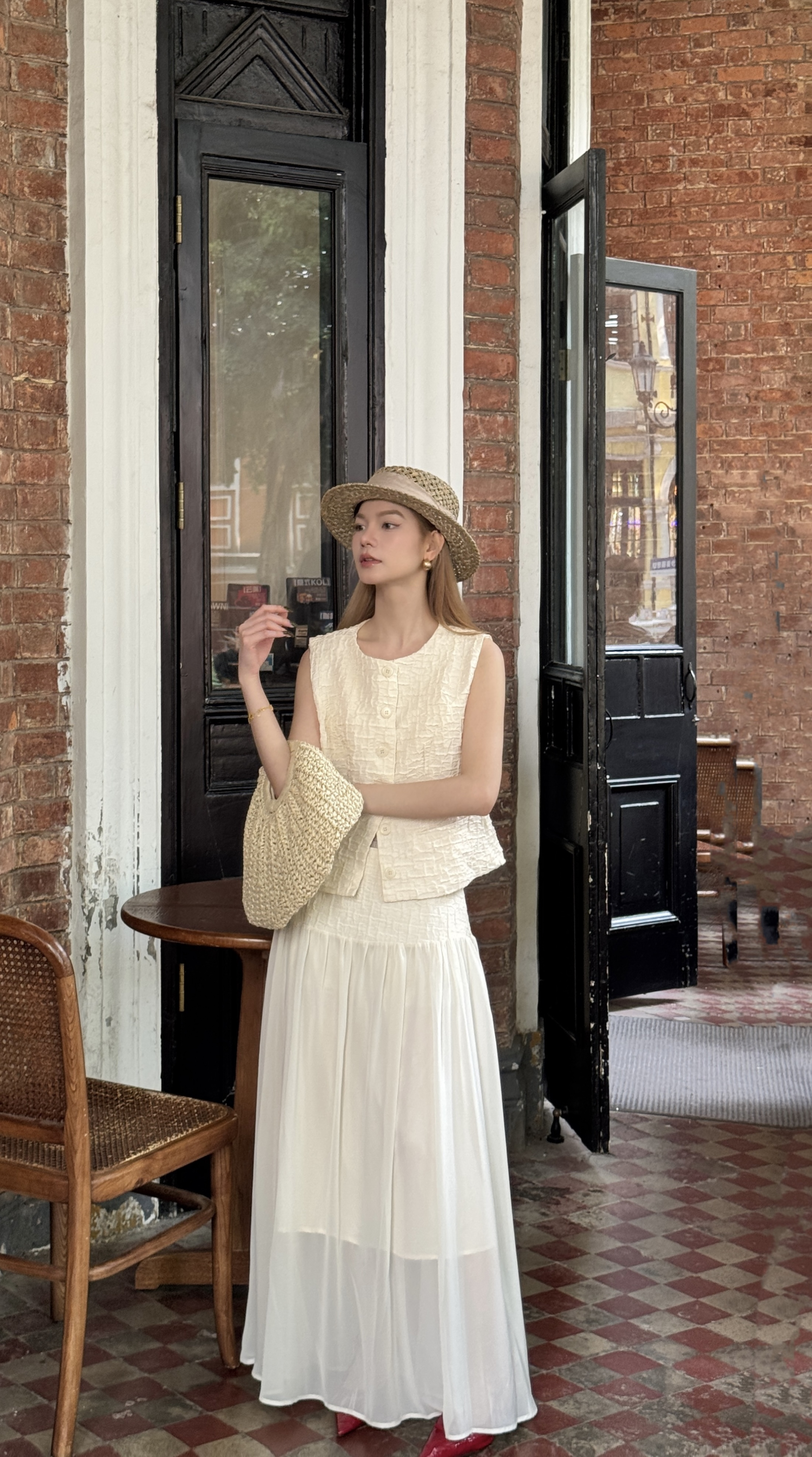 【琪琪怪怪】波西米亚风泡泡格肌理马甲加重工半裙套装