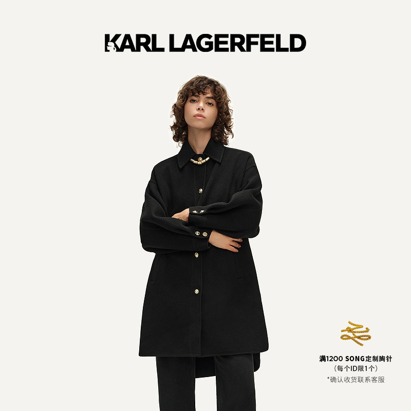 KARL LAGERFELD卡尔拉格斐秋冬新款黑色翻领宽松羊毛大衣E37W15C0