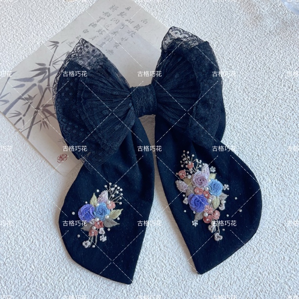 手工原创设计纯手工刺绣黑色大蝴蝶结玫瑰花多层刺绣网纱头饰发饰