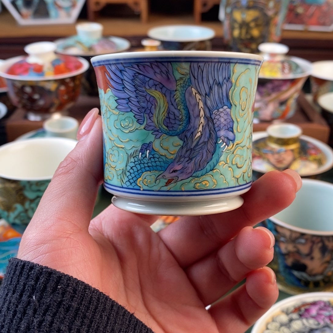 手工手绘陶瓷龙凤杯