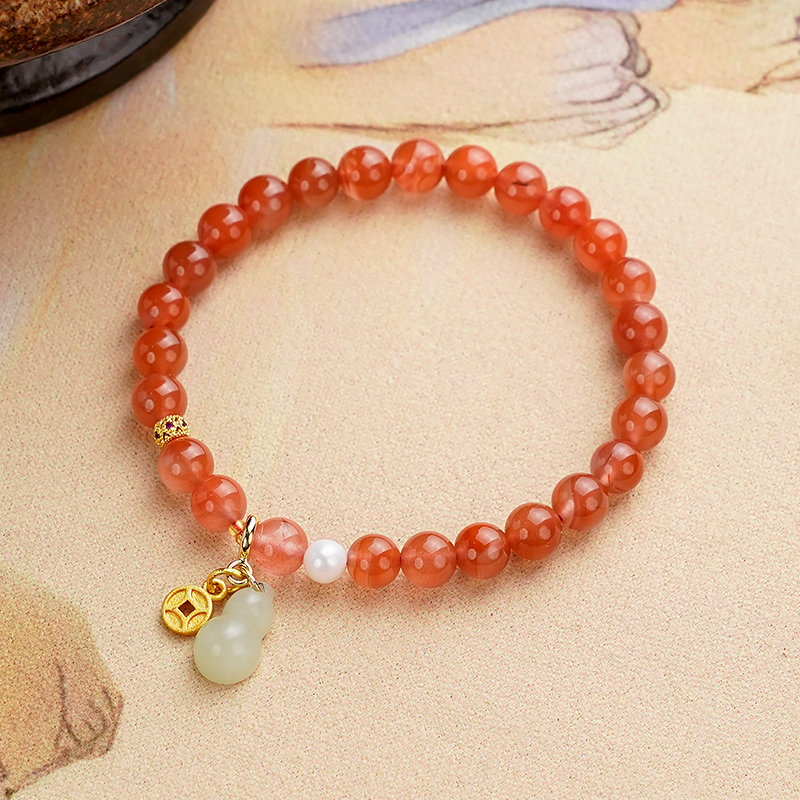 原创本命年南红玛瑙淡水珍珠和田玉葫芦吊坠手串珠手链-9453