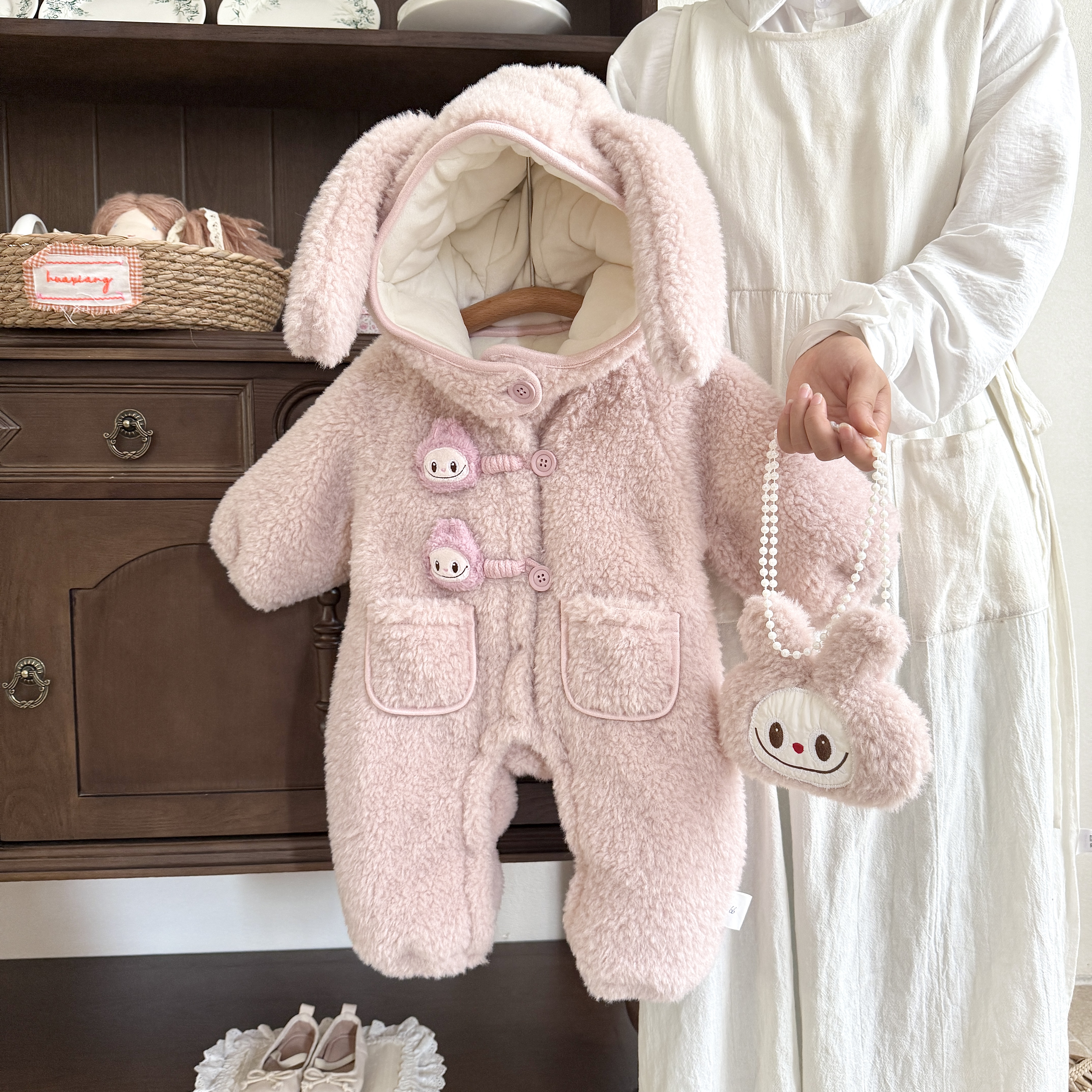 【babi】婴幼儿连体衣宝宝满月百天儿童女童婴儿连帽加绒加厚秋冬