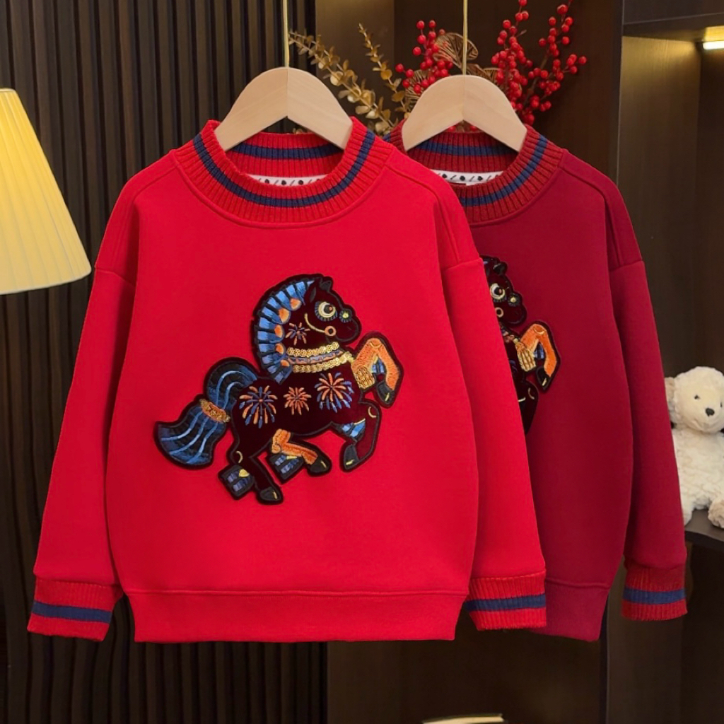 儿童重工贴布刺绣拜年服冬新款男童加绒卫衣中大童半高领上衣5573