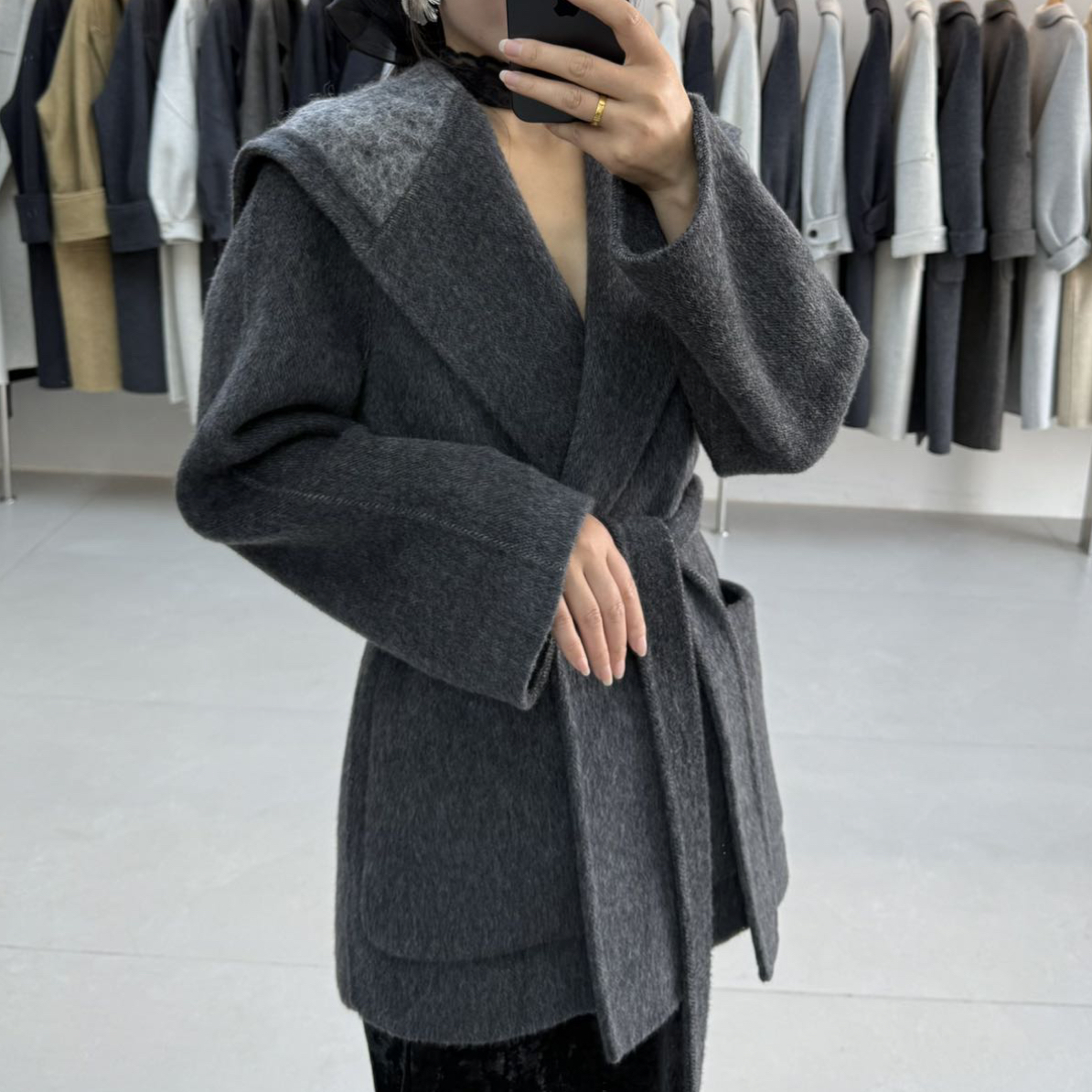 秋冬保暖时尚百搭马海毛收腰系带双面羊毛大衣