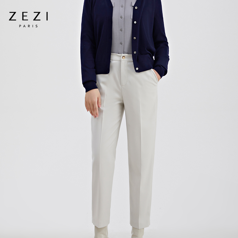 ZEZI清仓-春秋羊毛西裤女通勤垂感宽松休闲九分裤22AW0218-P
