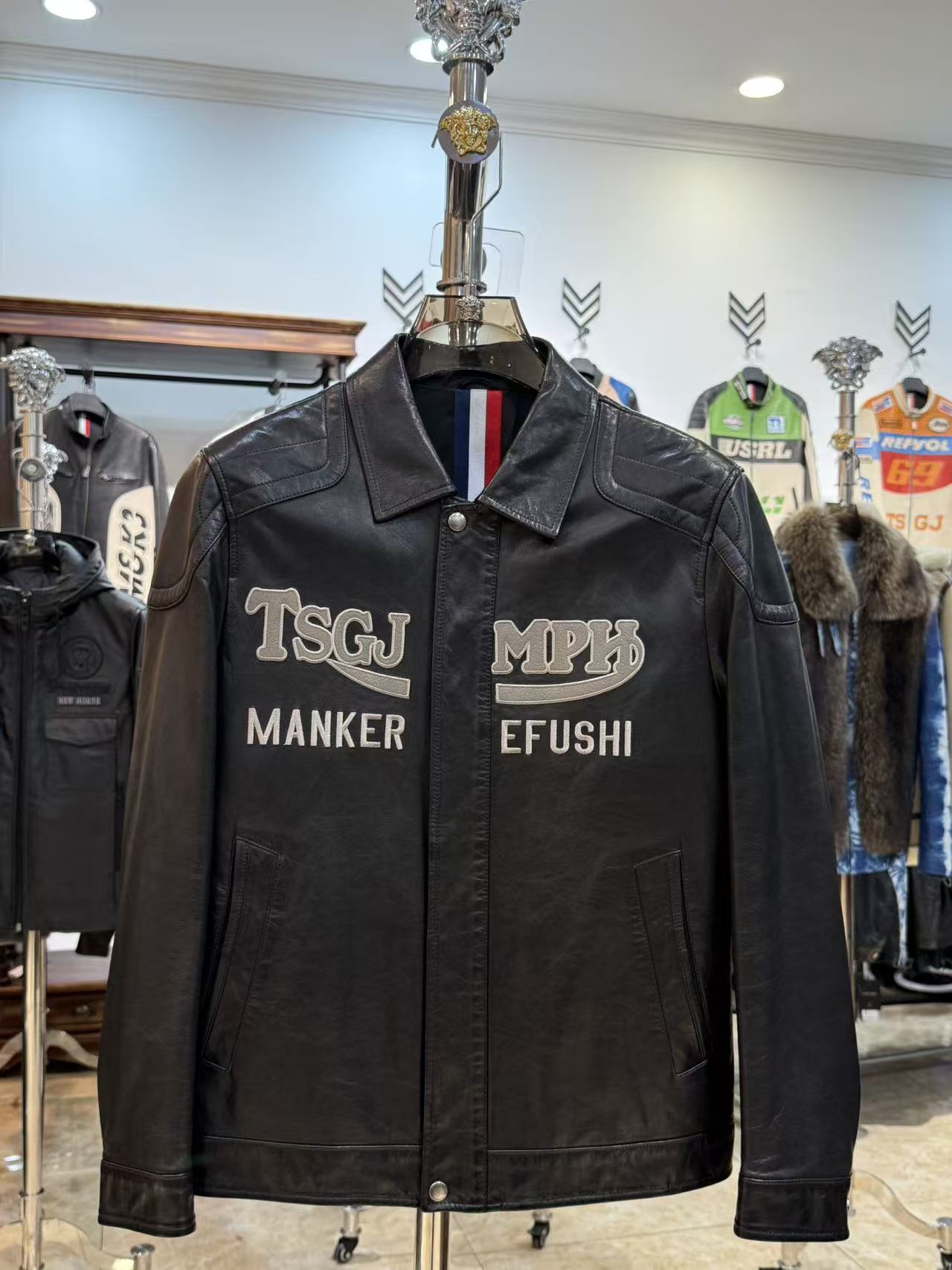 男士真皮头层皮山羊皮赛车服休闲夹克重工刺绣潮牌黑色2455现货