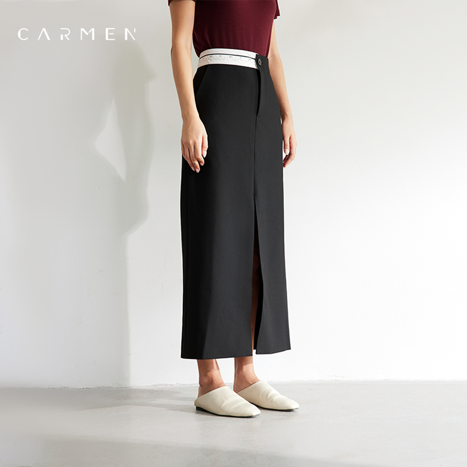 【商场同款】Carmen高腰黑色半身裙女2025秋设计感OL气质直筒长裙