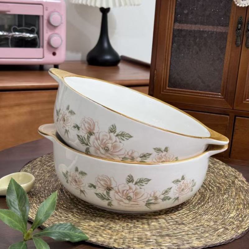 山茶花双耳碗2个带耳朵9英寸破损补发，联系客服