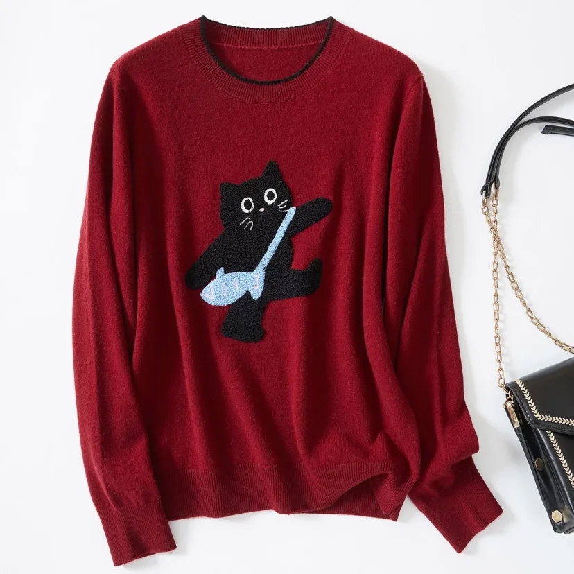 【100%绵羊毛绣提花】时尚减龄秋冬羊毛衫女长袖圆领毛衣 9593