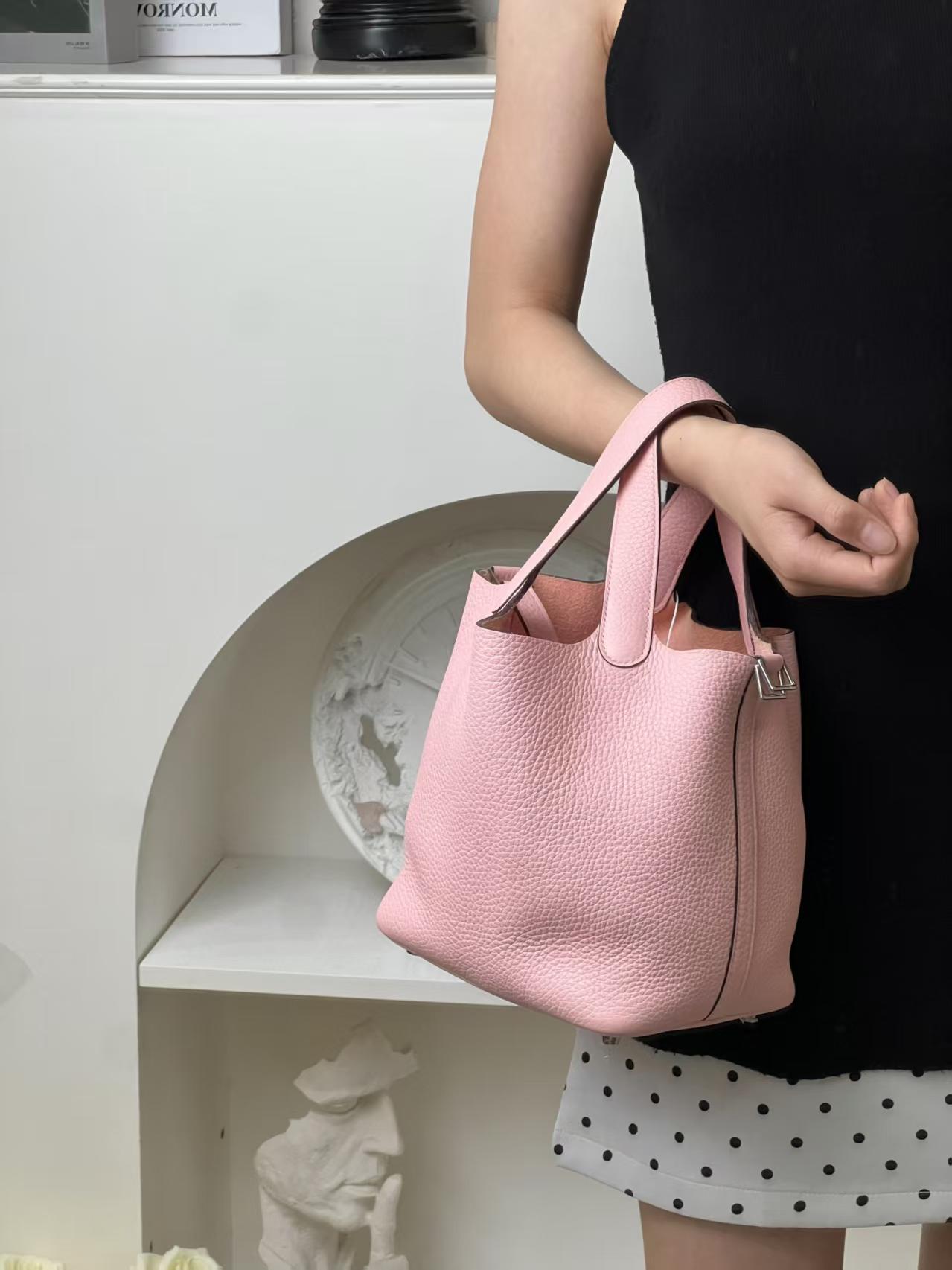 99新 Hermes/爱马仕 爱马仕 菜篮子18粉银z刻手提包 /优品
