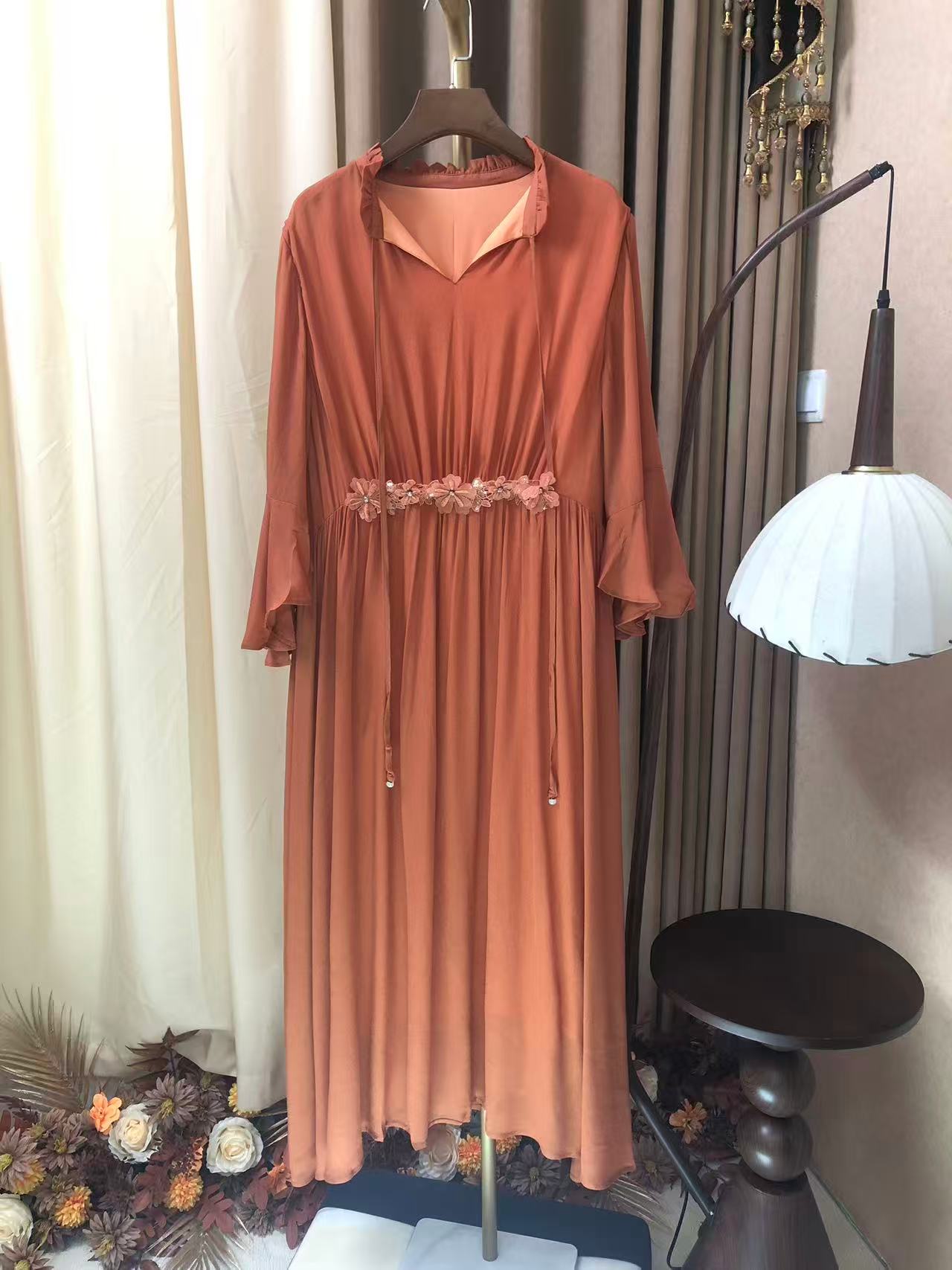 【A161】时尚新款民族风迪拜土耳其重工服饰珊瑚橘烟紫色长款连衣裙