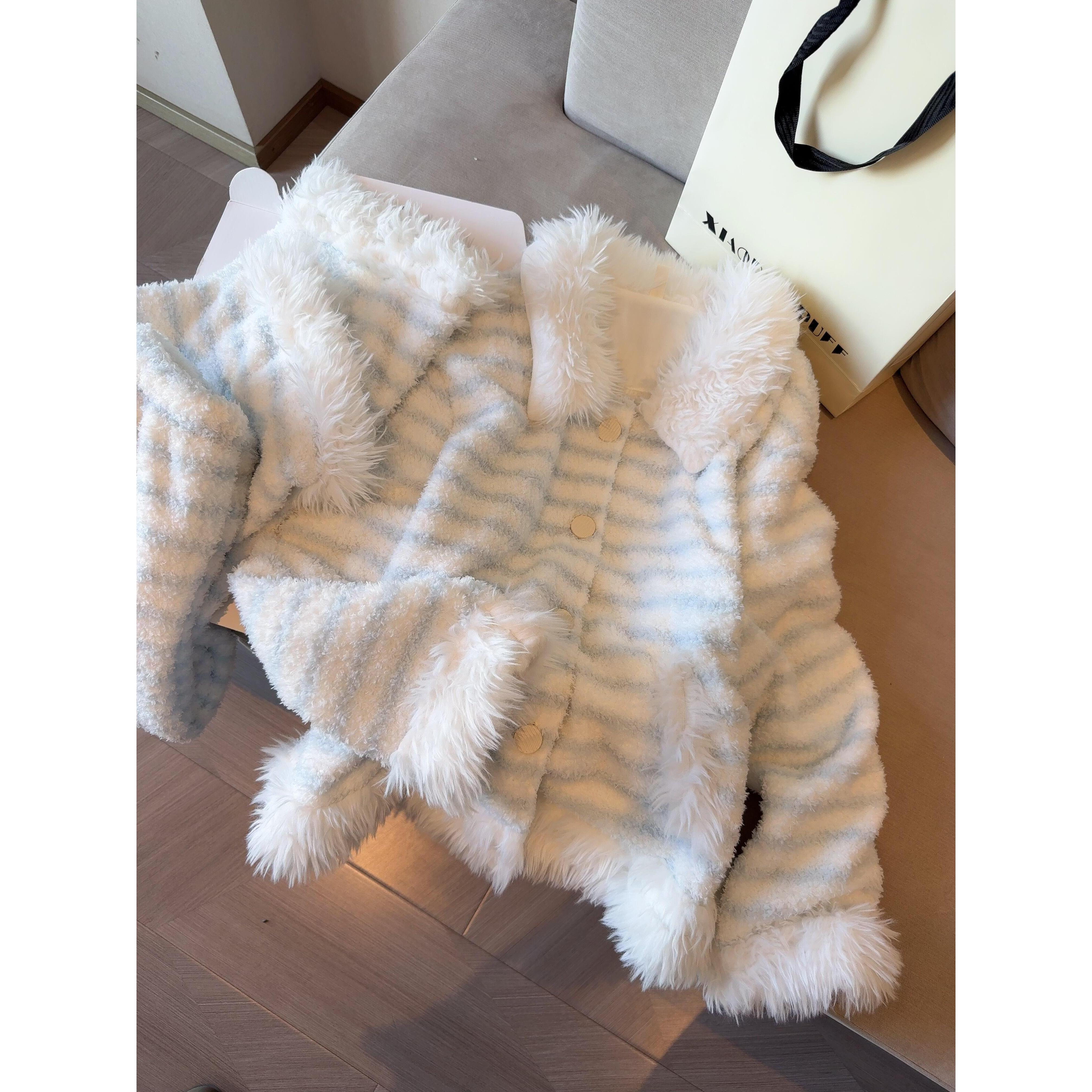 秋冬针织毛茸茸开衫外套家居服套装韩系毛边条纹长袖珊瑚绒睡衣女