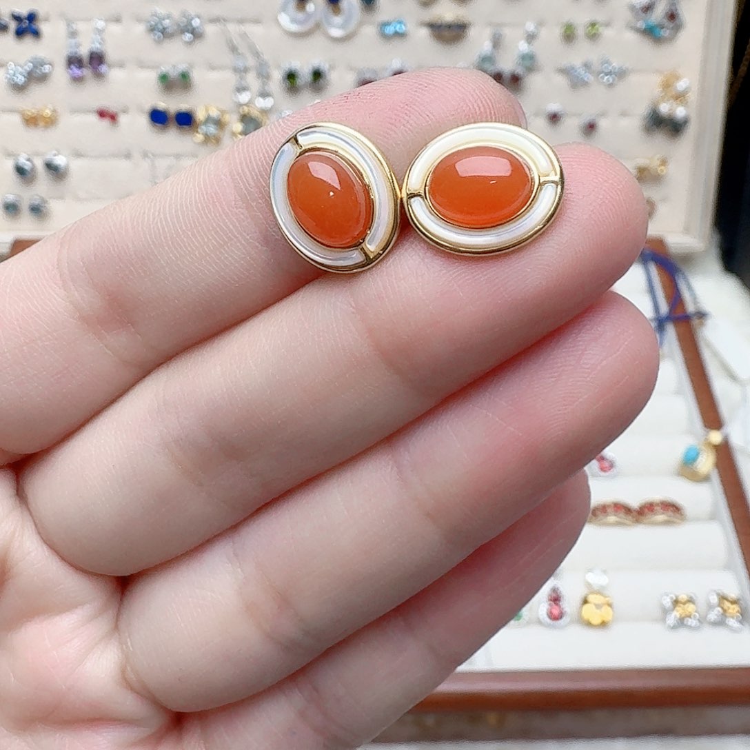 南红玛瑙耳饰银S925镶嵌耳钉