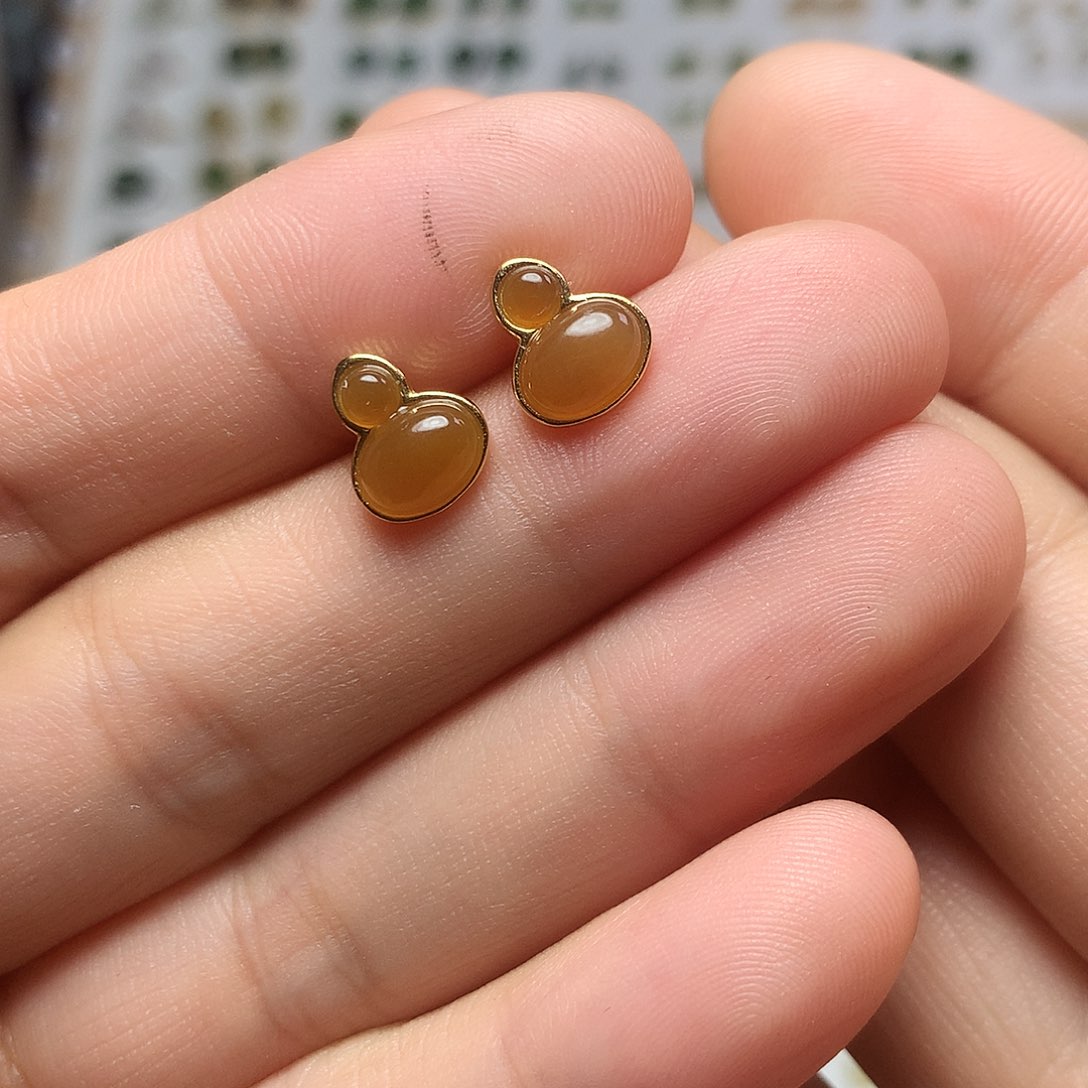 银S925镀金镶嵌和田玉（糖玉）耳饰