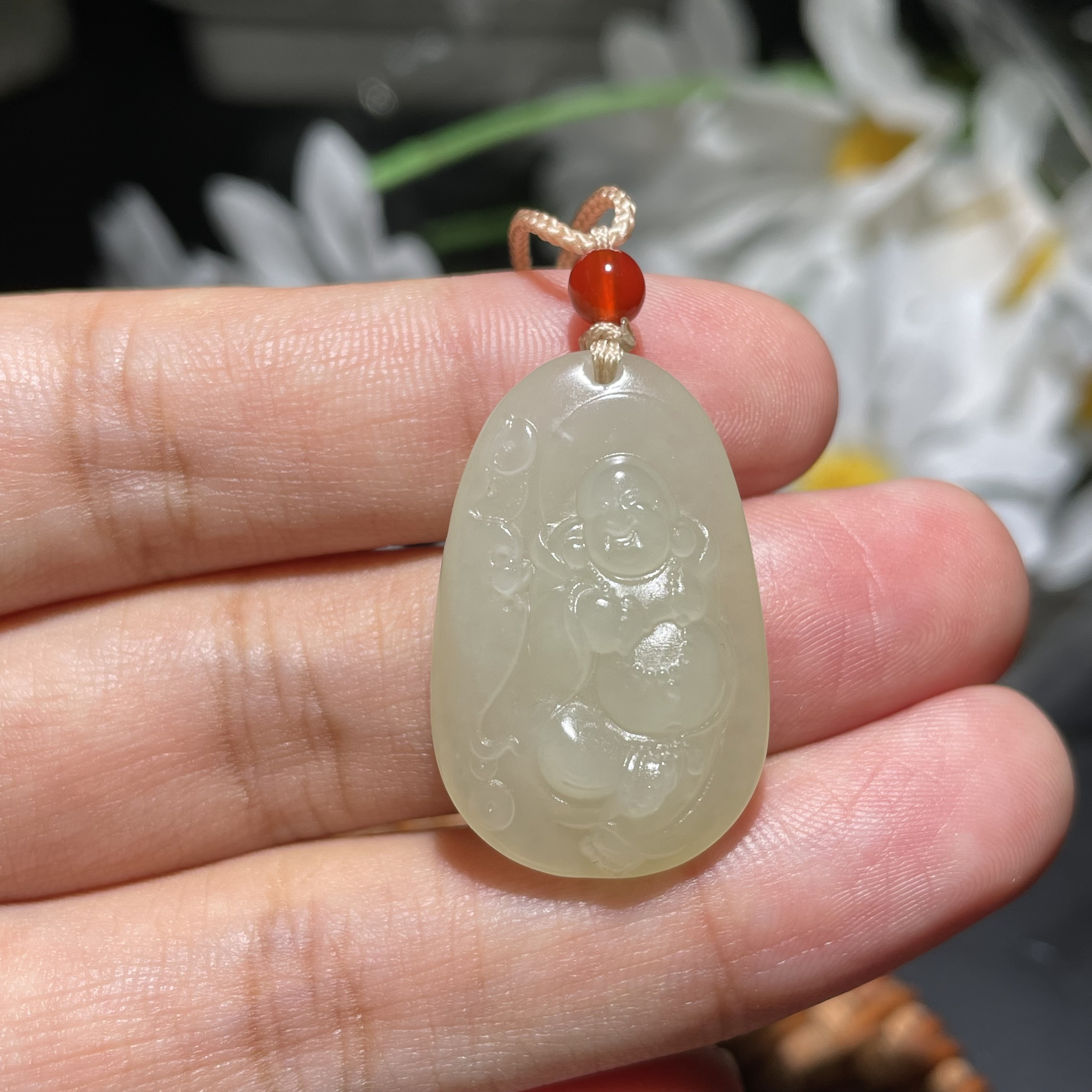 天然和田玉青海料蜂蜜水弥勒佛逍遥佛公挂件7.2克27.6-17.7-7.6克