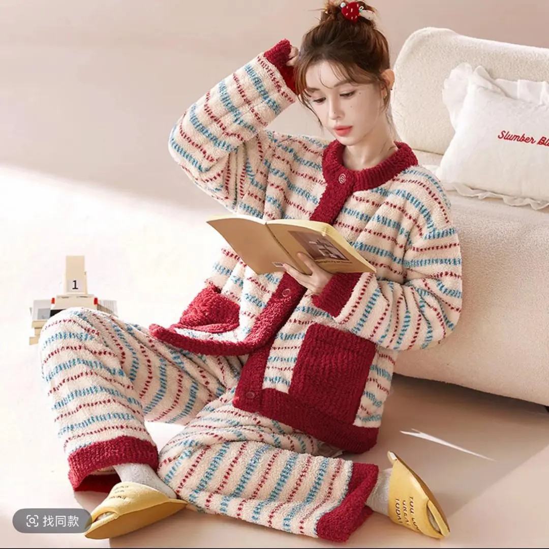 复古长袖条纹圆领长裤松紧带保暖睡衣上衣加厚慵懒风加绒