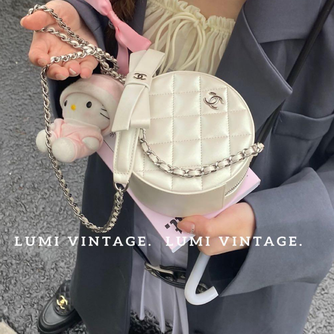 95新 Chanel/香奈儿 Lumi包展-21k珠光白牛皮蝴蝶结圆饼单肩包