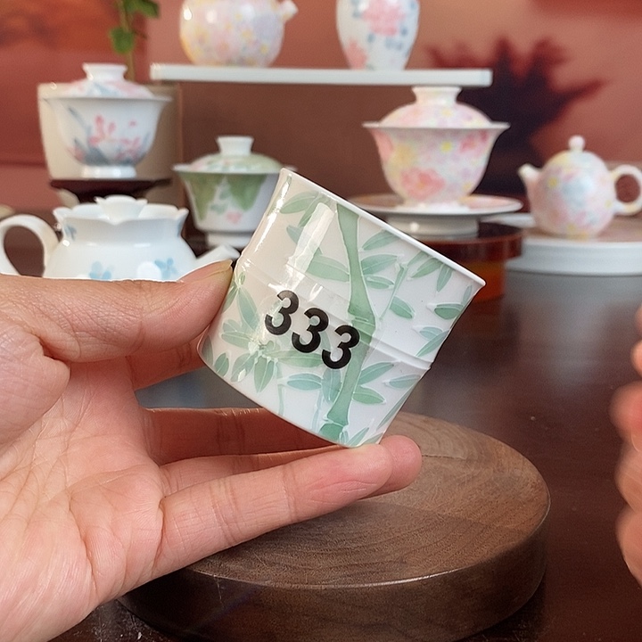 竹子品茗杯手绘釉下高温