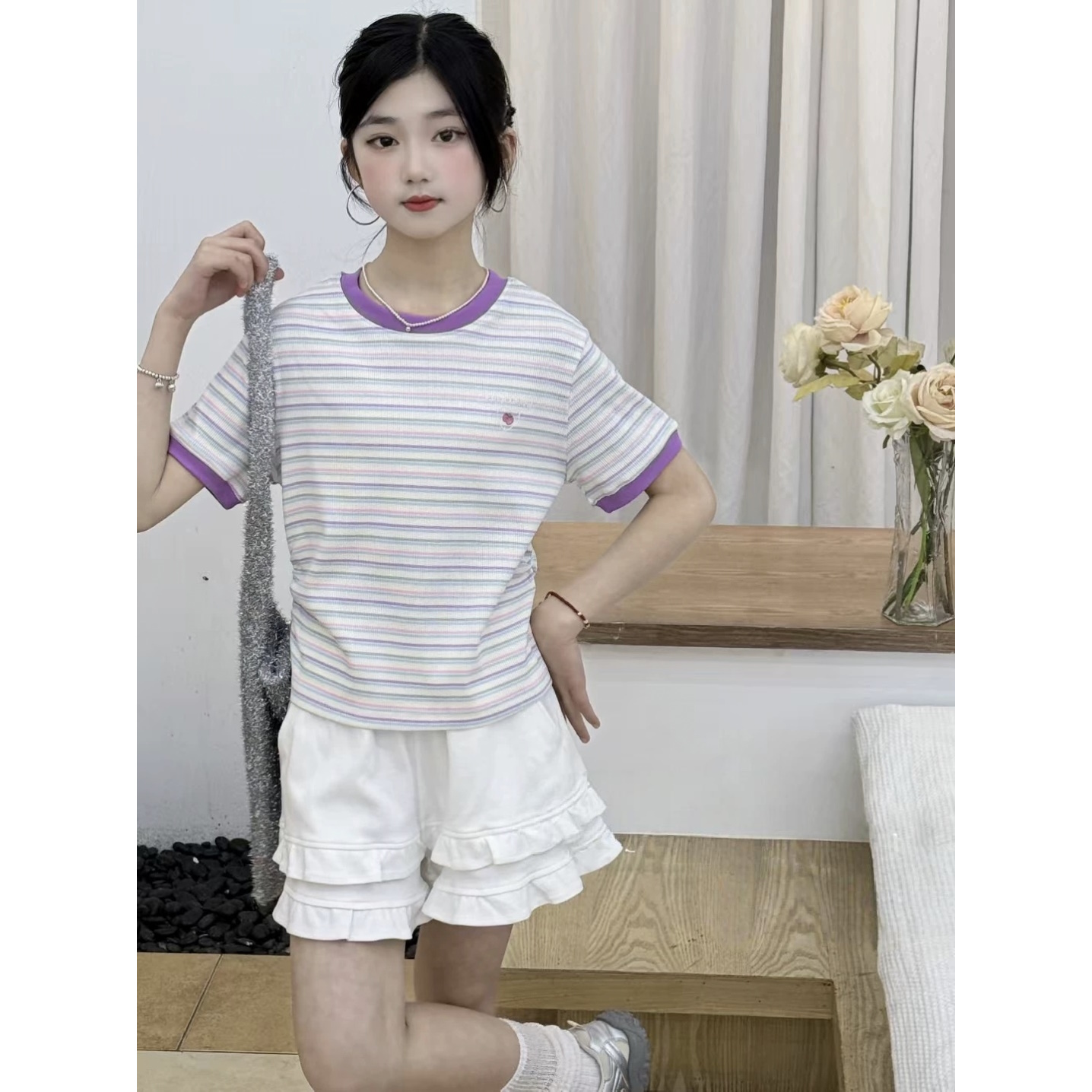 【清货】2025夏洋气刺绣条纹拼色短袖T恤(95%棉) D538 538 M