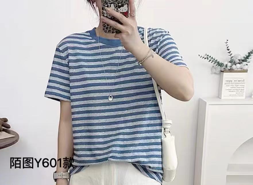 陌图601短袖圆领棉T恤上衣条纹百搭打底衫修身短款体恤女夏