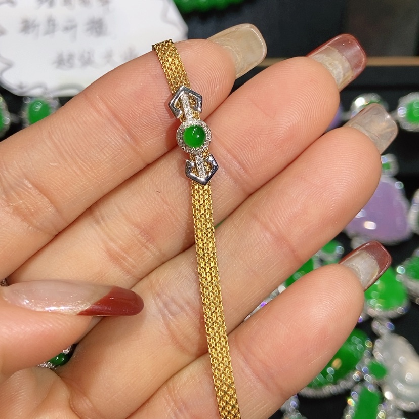 【闪购商品】翡翠手链18K金镶嵌天然翡翠
