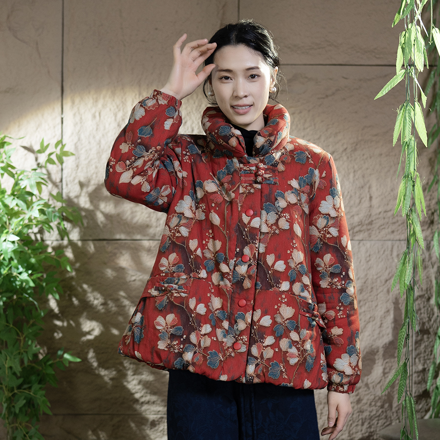 民族风厚款碎花女士面包立领盘扣中老年女装保暖女士冬款新款外套