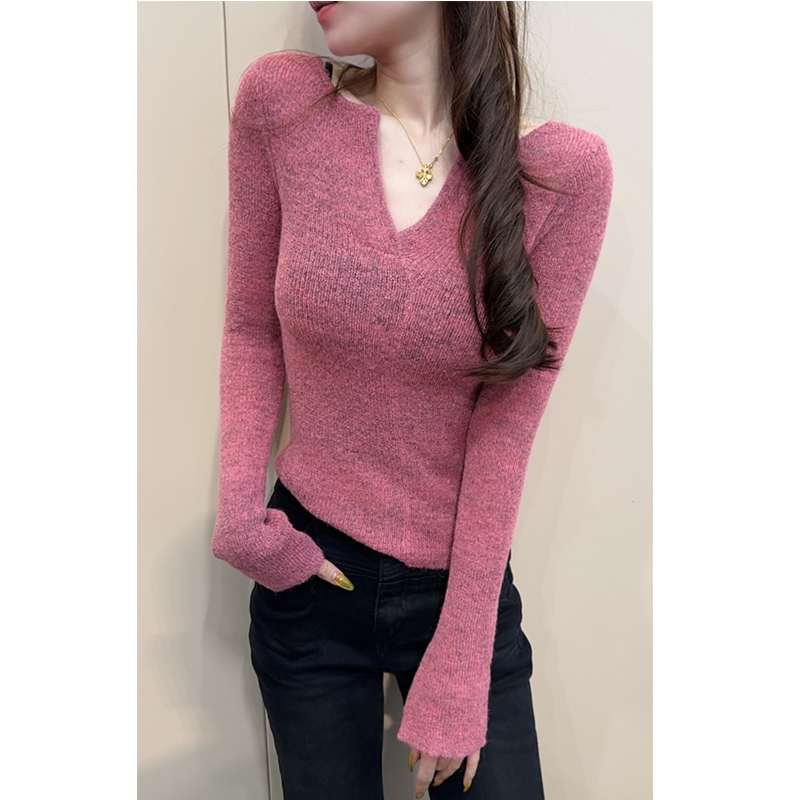【龙华港风】2025ins风秋冬修身显瘦打底针织衫女V领长袖马海毛毛衣