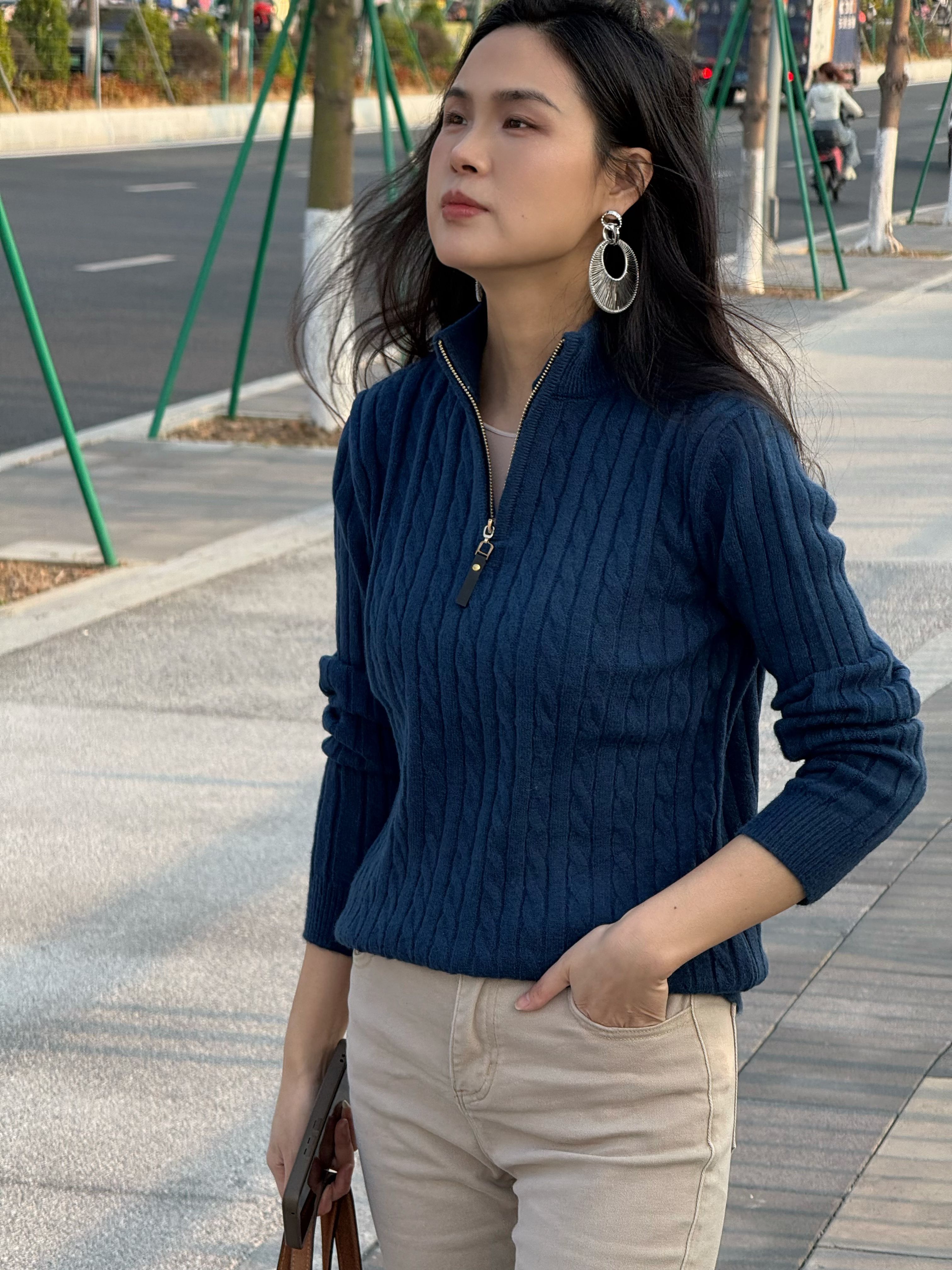 百搭时尚气质拉链立领羊绒衫女长袖针织衫秋冬打底衫上衣网红