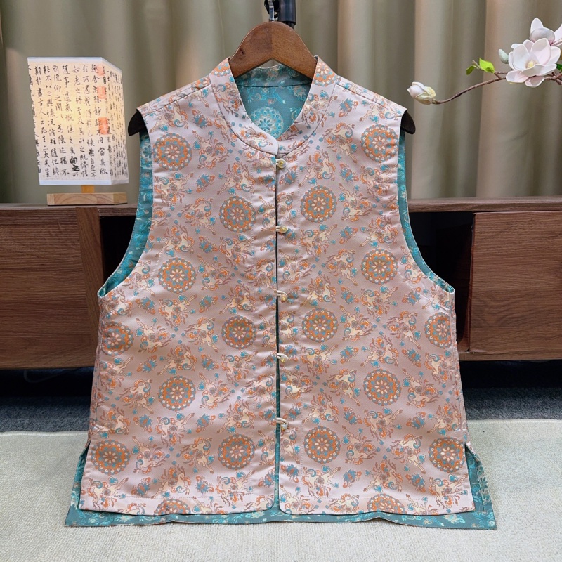 『月栖』新中式国风立领小鹿双面双穿马夹2025夏季提花时尚上衣马甲