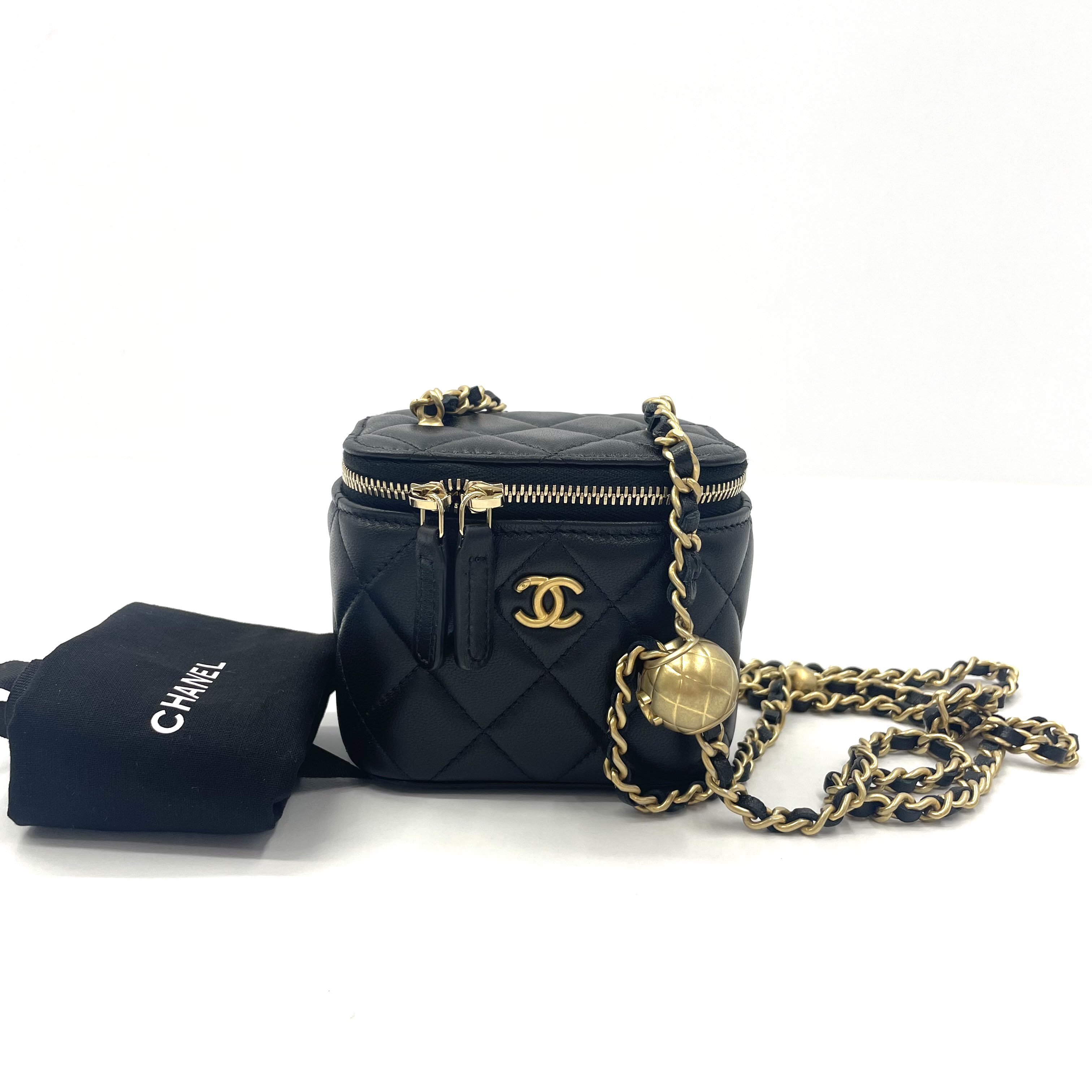 95新 Chanel/香奈儿 98新 24K 小金球 羊皮金扣盒子包化妆包
