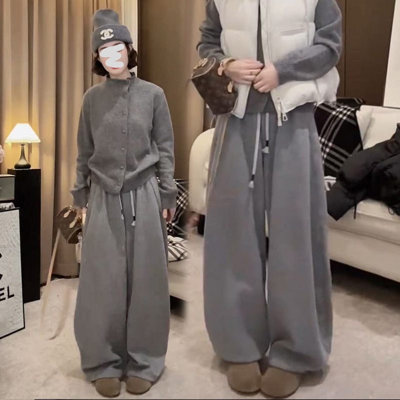 羊尼加绒休闲裤女装时尚灰色显瘦弯刀裤秋冬加厚宽松高腰抽绳卫裤