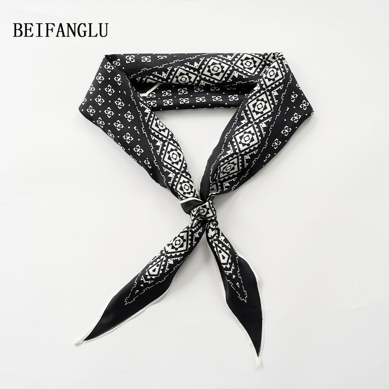 北方鹿【黑白艺术真丝丝巾】经典气质菱格印花时髦百搭丝巾25623