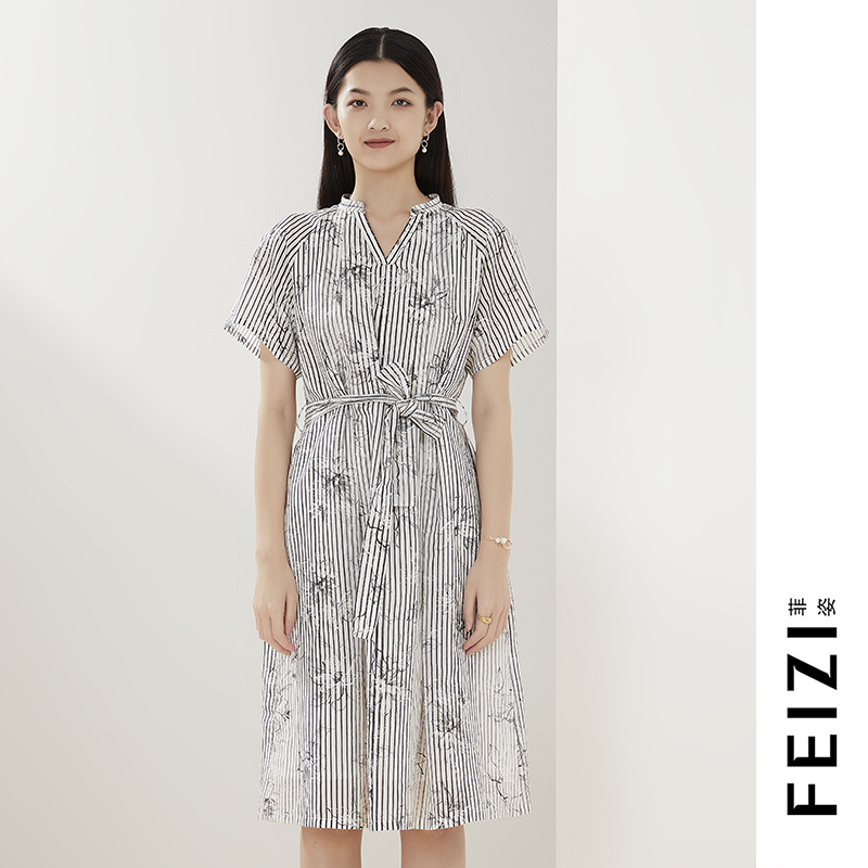 菲姿FEIZI夏款连衣裙1B468花影条纹（黑白条）显瘦收腰长裙
