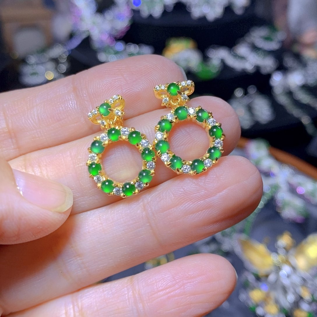 翡翠耳饰银S925镶嵌天然翡翠