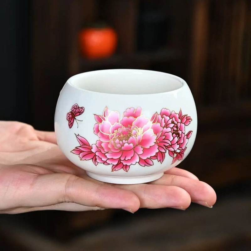 羊脂变色牡丹花主人杯功夫茶具白瓷品茗杯高档茶杯-0055